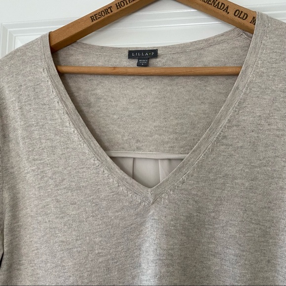 Anthro Lilla P Heather Oatmeal Sweater w Pleated, Flowing Back, Mixed Media Lrg. - Picture 5 of 6